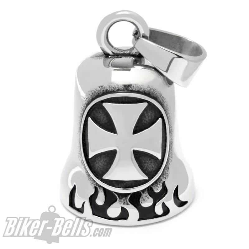 Edelstahl Biker-Bell mit großem Eisernen Kreuz und Flammen Motorrad Glocke Geschenk